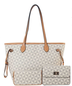3n1 Fashion Checkered Shopper Bag with Clutch and Wallet Set 007-8091W TAUPE
